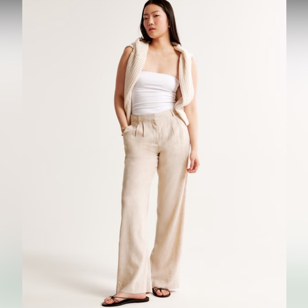 NWT Abercrombie & Fitch Sloane Tan Linen Cotton Blend Wide-Leg Coastal Pants